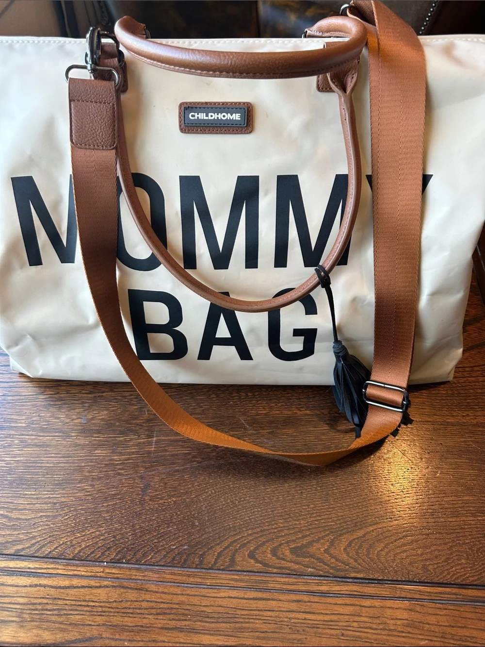 Cream Mommy Bag Tote with Brown Handles